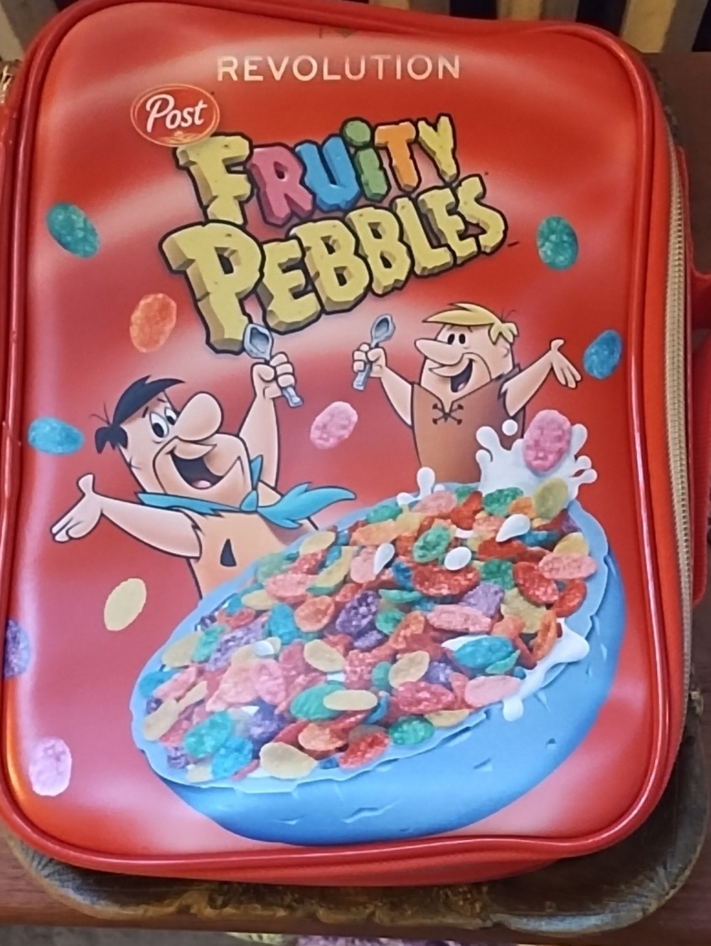 Revolution Red Fruity Pebbles Cosmetic Pouch with Colorful Cereal Art